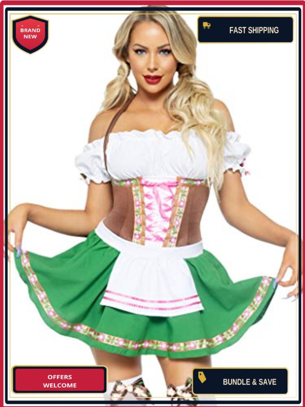 Oktoberfest Dirndl Dress Costume Peasant Top Bow Stockings